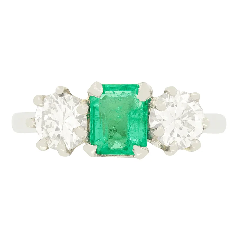 Art Deco 0.85ct Emerald and Diamond Three Stone Ring, c.1940s