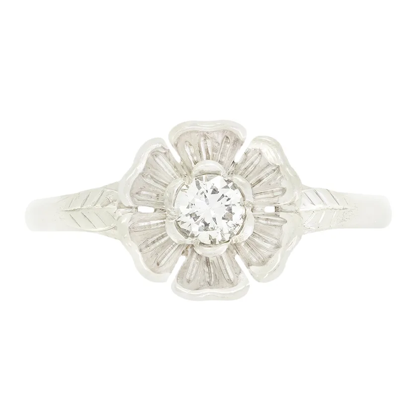 Late Deco 0.25ct Diamond Flower Ring, c.1940s