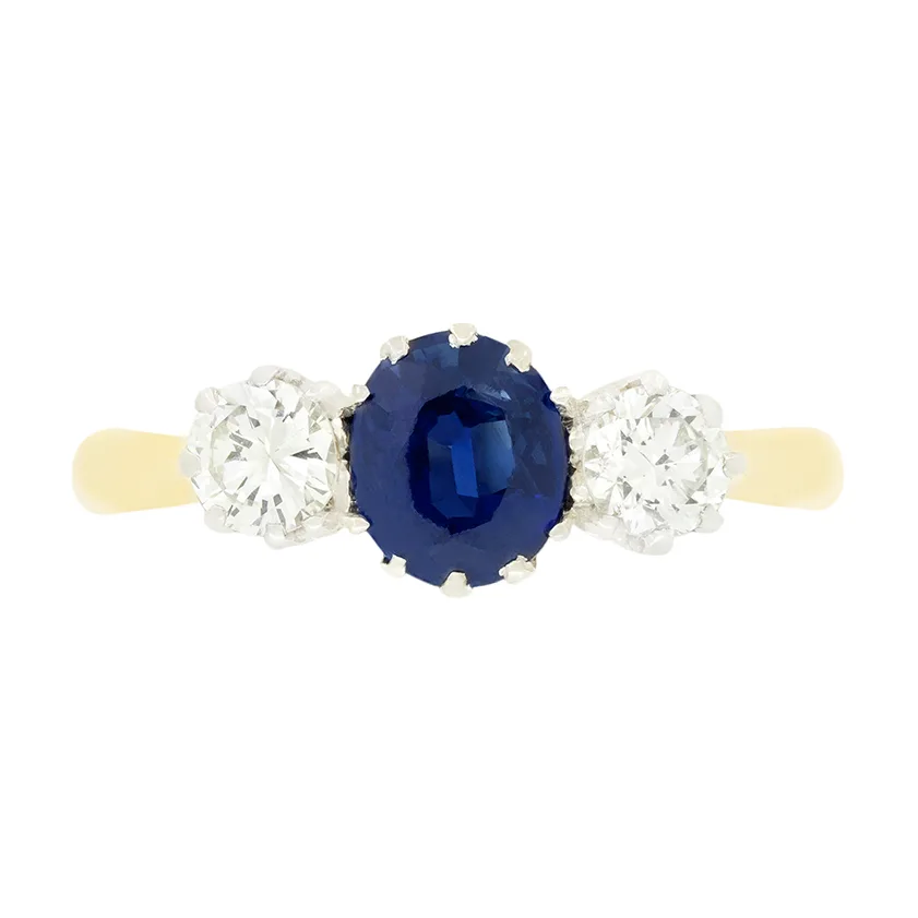 Vintage 1.00ct Sapphire and Diamond Three Stone Ring, hallmarked 1964