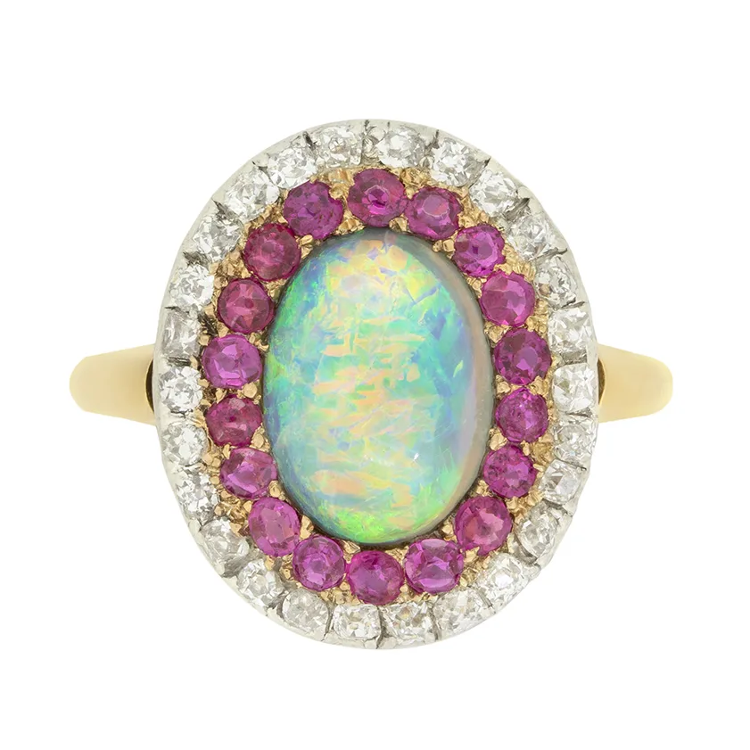 Edwardian 1.20ct Opal, Ruby and Diamond Cluster Ring, c.1910s
