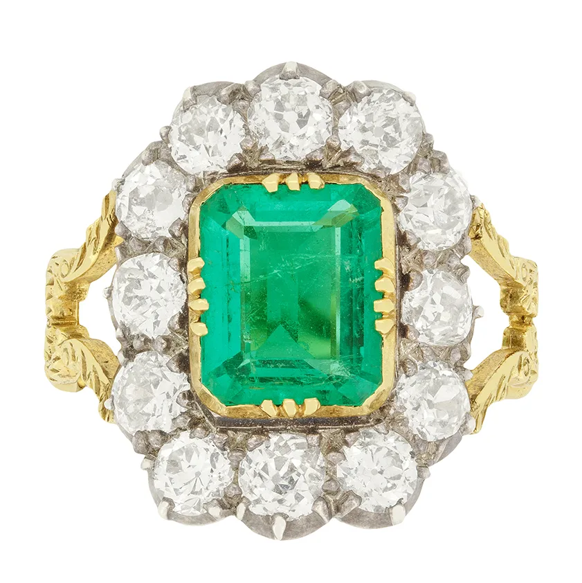 Victorian 2.00ct Emerald and Diamond Cluster Ring, c.1880s