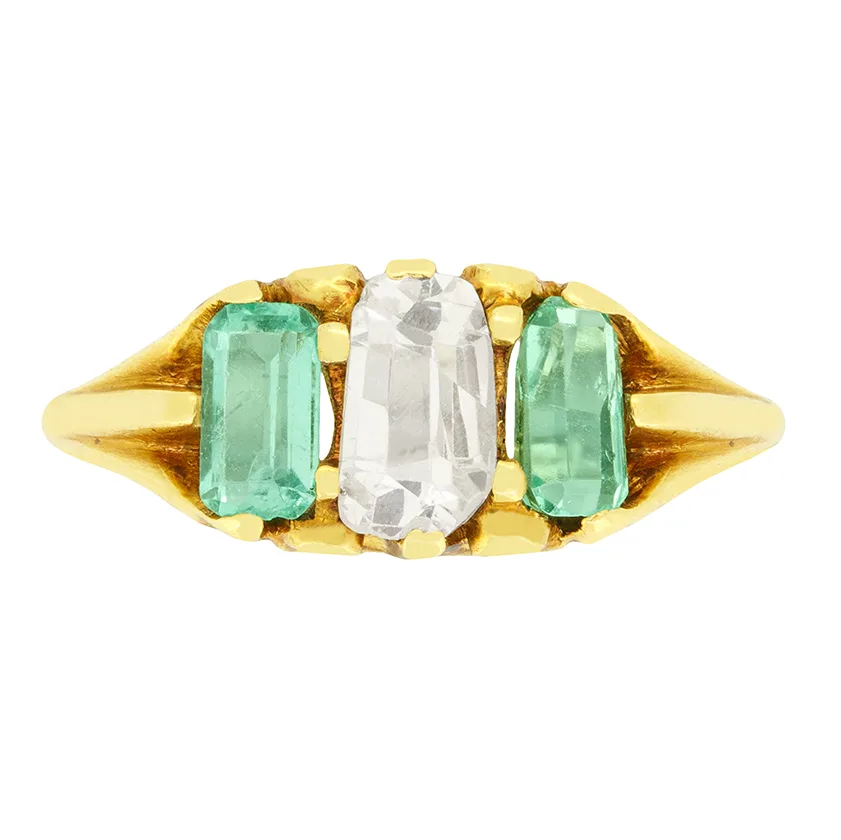 Victorian 0.65ct Diamond and Emerald Three Stone Ring, c.1880s