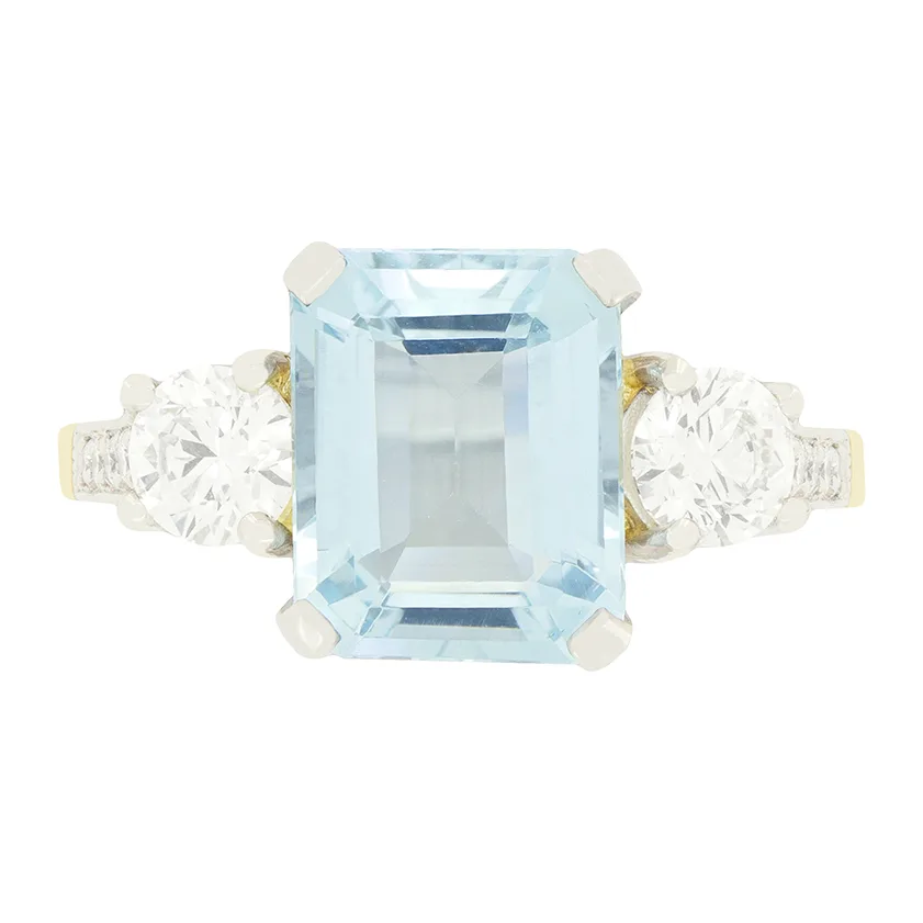 Vintage 2.75ct Aquamarine and Diamond Three Stone Ring, c.1980s