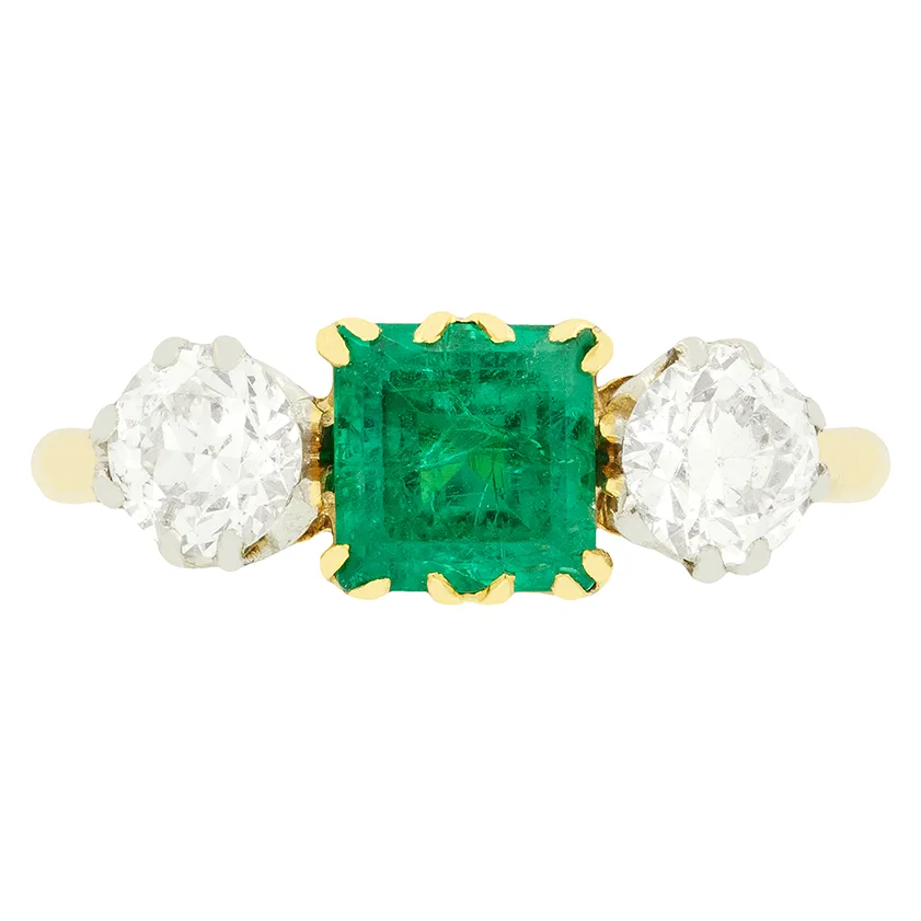 Edwardian 1.35ct Emerald and Diamond Three Stone Ring, c.1910s