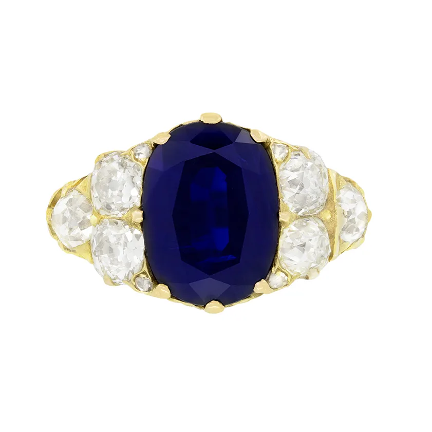 Victorian 4.10ct Sapphire and Diamond Carved Shank Ring, c.1880s