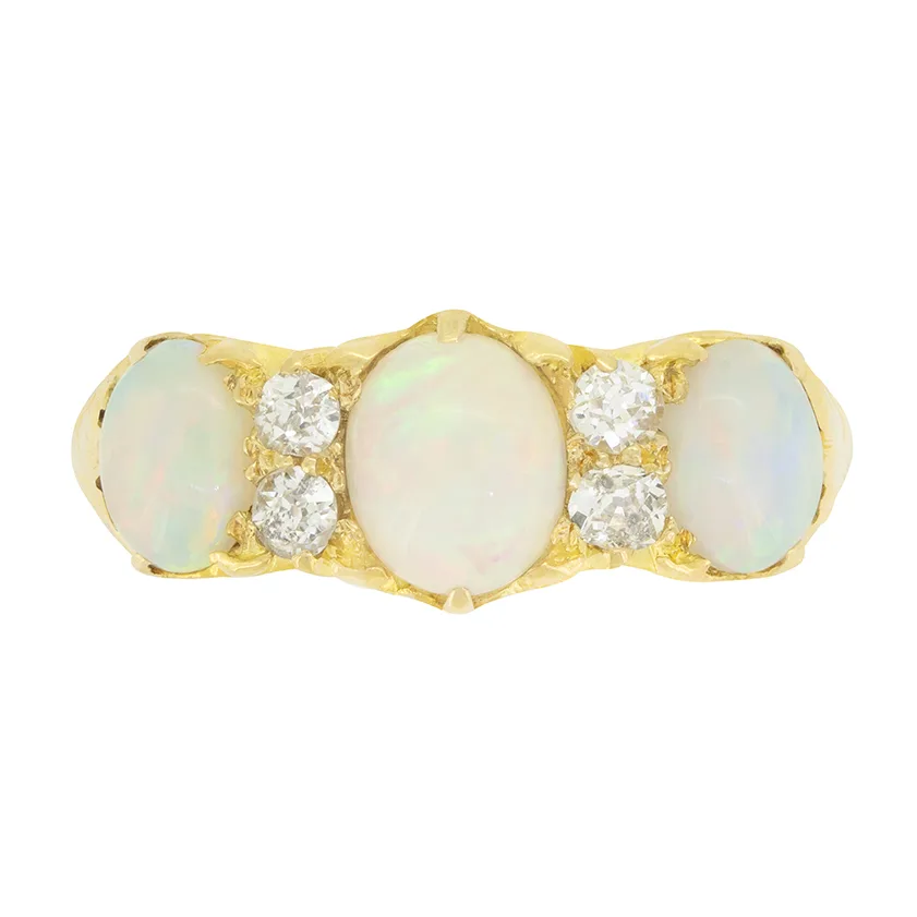 Victorian 1.10ct Opal and Diamond  Three Stone Ring, c.1880s