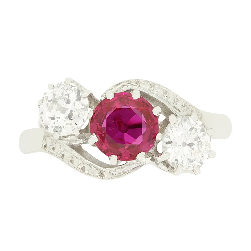 Art Deco 0.80ct Ruby and Diamond Three Stone Twist Ring, c.1930s