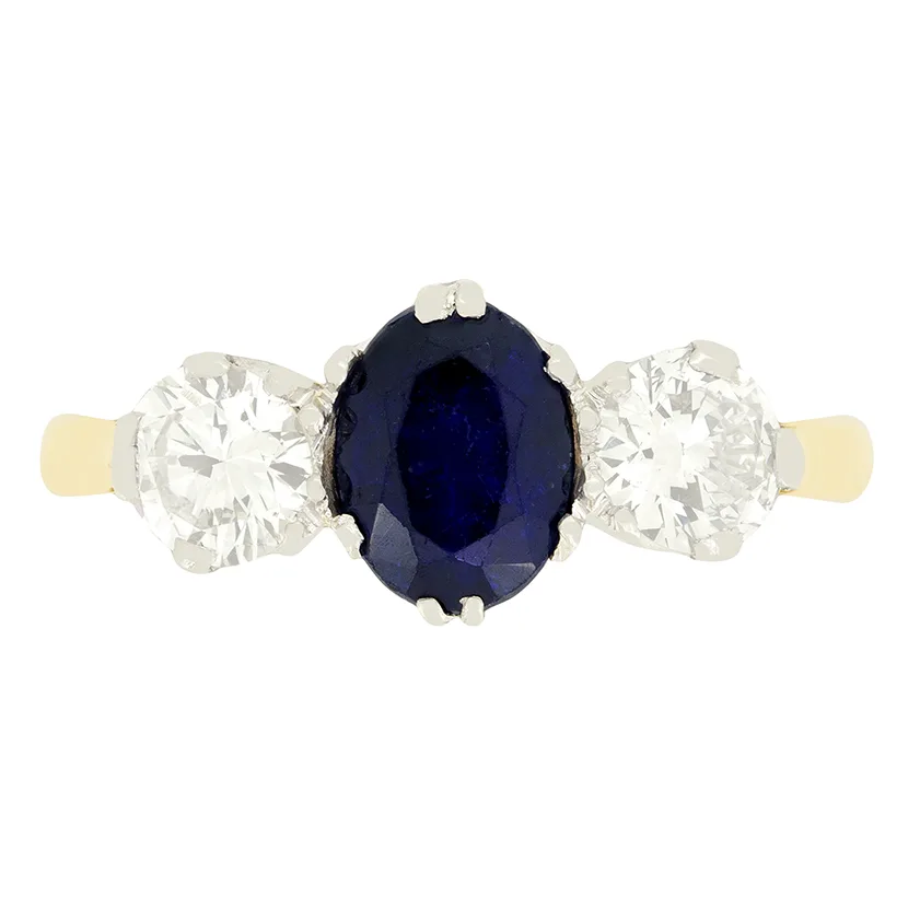 Vintage 1.35ct Sapphire and Diamond Three Stone Ring, c.1970s