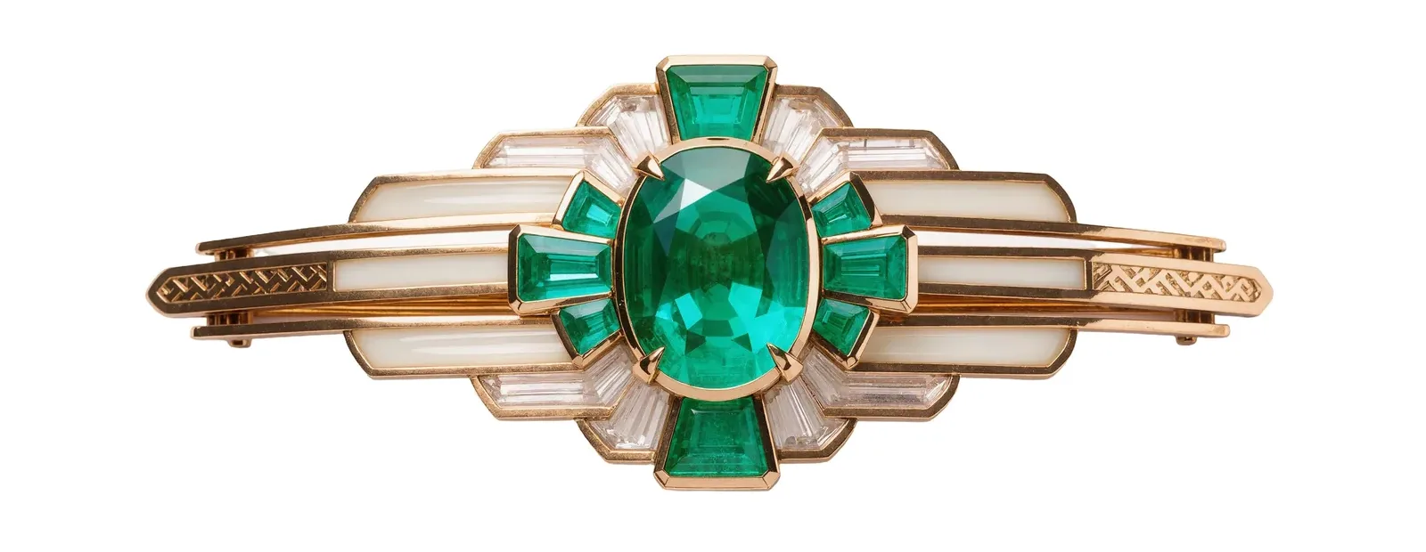 Art Deco emerald and diamond brooch with an oval emerald centre and baguette-cut stones in a geometric gold mount