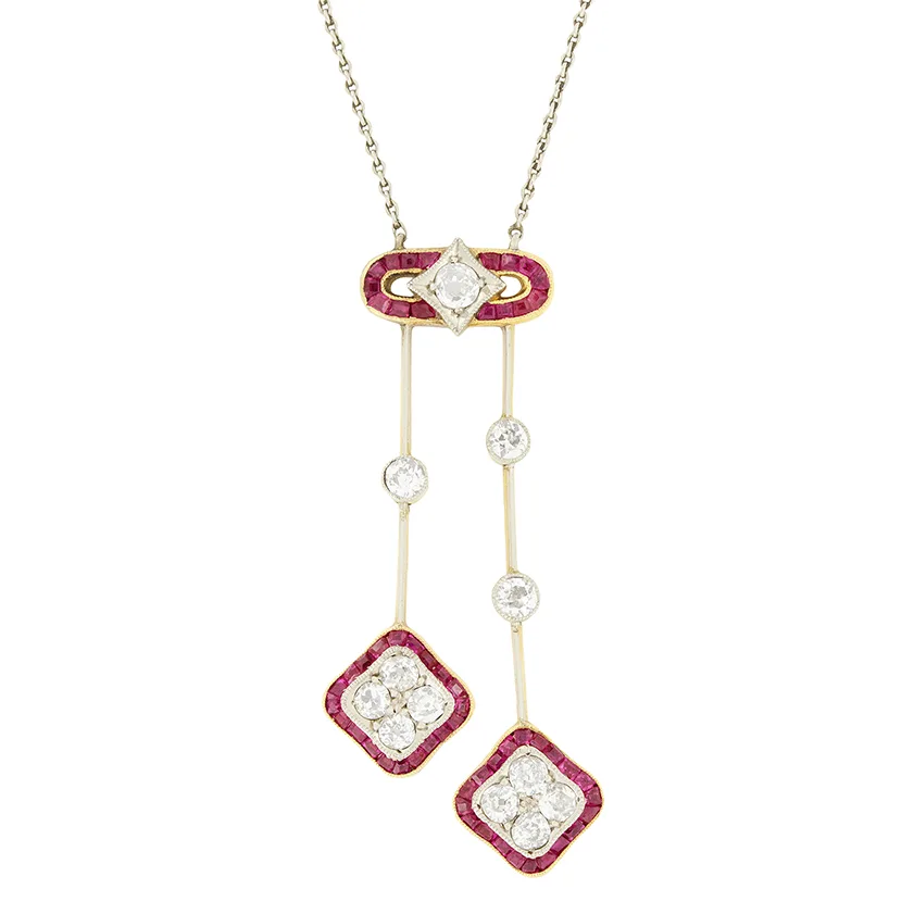 Edwardian 0.80ct Diamond and Ruby Drop Pendant, c.1910s