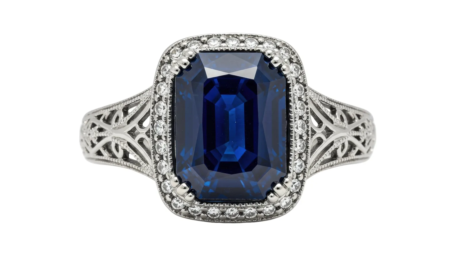 Edwardian-style emerald-cut blue sapphire ring with a diamond halo, milgrain edging and filigree shoulders