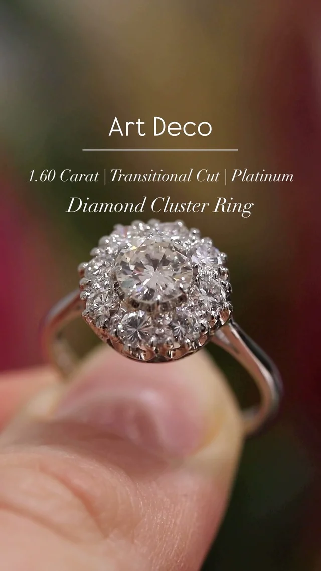Don’t forget our 15% off sitewide! ✨ This stunning Art Deco cluster ring features a dazzling 0.80 carat transitional cut diamond at its center, surrounded by eight 0.10 carat transitional cut diamonds for a total of 0.80 carat. With diamonds graded G-H in color and VS-SI in clarity, each is claw set to showcase their brilliance in this handcrafted platinum masterpiece. 💍💎

#ArtDecoRing #ClusterRing #TransitionalCutDiamonds #PlatinumRing #DiamondRing #LuxuryJewelry #TimelessElegance #FineJewelry #15Off #JewelryLovers #EngagementRingGoals #VintageJewelry #DiamondCluster #LuxuryStyle #JewelryAddict #SparkleAndShine #ExclusiveOffer #HandcraftedJewelry #GlamorousRings #JewelrySale